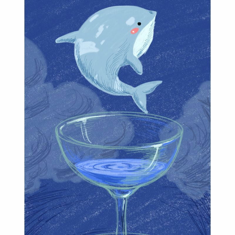 Cute dolphin leaping above a glass of water in a kids’ paint by numbers design.