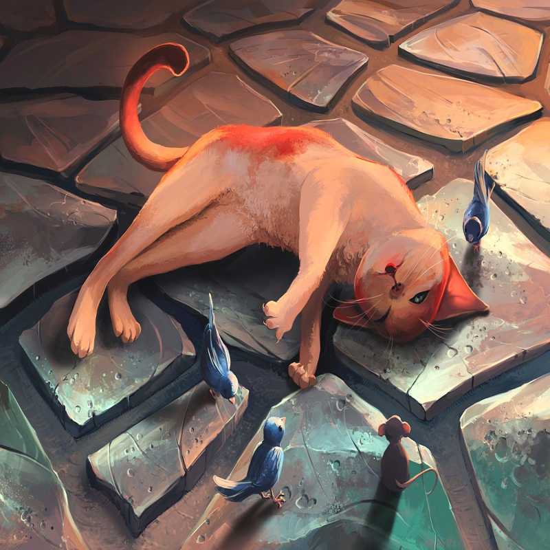 Paint By Numbers art of a playful cat lying on stone tiles surrounded by small birds and a mouse, perfect for Canadian pet lovers and whimsical art fans.