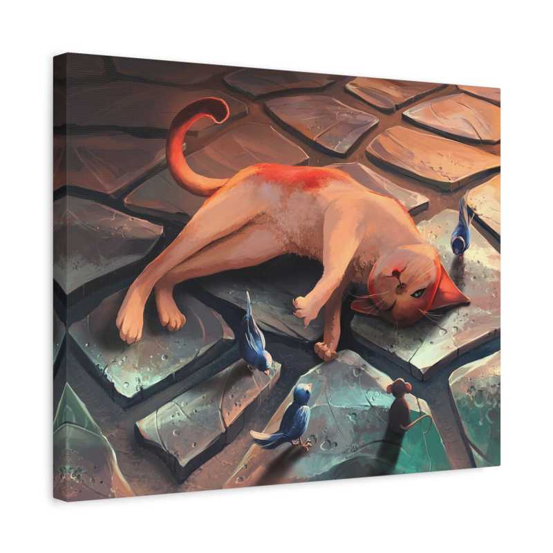 Paint By Numbers art of a playful cat lying on stone tiles surrounded by small birds and a mouse, perfect for Canadian pet lovers and whimsical art fans shown in a frame