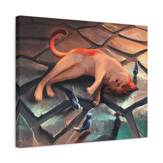 Paint By Numbers art of a playful cat lying on stone tiles surrounded by small birds and a mouse, perfect for Canadian pet lovers and whimsical art fans shown in a frame