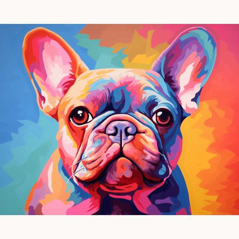 Pop Pup Vibes Paint By Numbers painting featuring a colorful French Bulldog with expressive eyes and vivid rainbow fur in a modern pop art style.