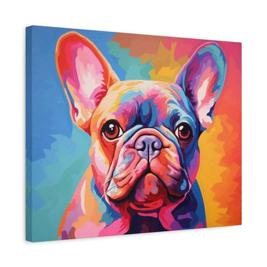 Pop Pup Vibes Paint By Numbers painting featuring a colorful French Bulldog with expressive eyes and vivid rainbow fur in a modern pop art style shown in a frame.