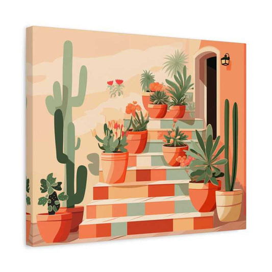 Potted Charm Paint By Numbers artwork featuring a staircase decorated with vibrant cacti and potted plants in a warm Mediterranean color palette shown in a frame.