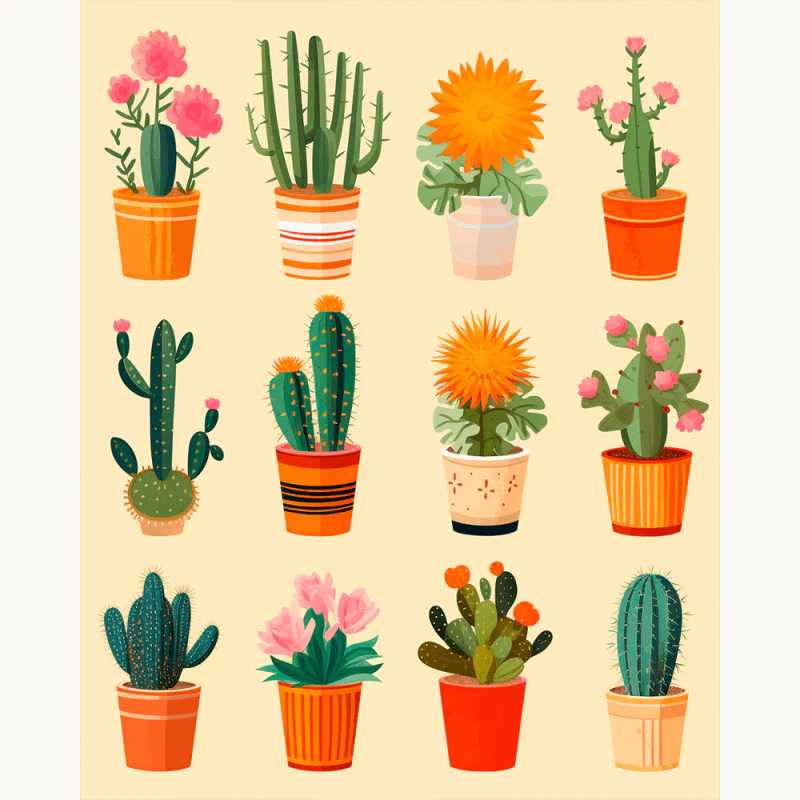 Potted Charms Paint By Numbers painting showing a colorful collection of cute cactus and succulent plants in orange and pink flower pots on a soft beige background for canada artists.