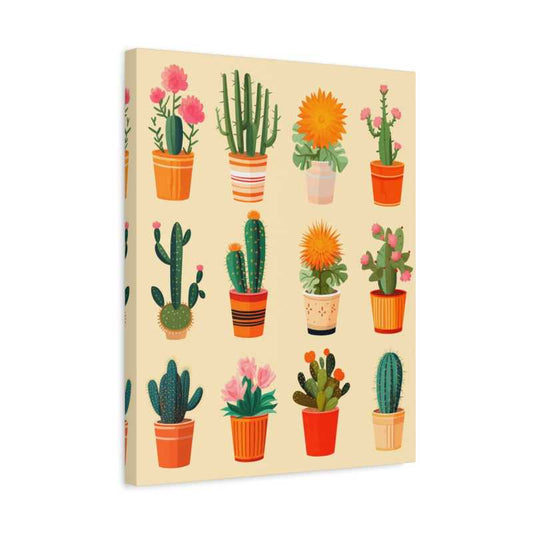 Potted Charms Paint By Numbers painting showing a colorful collection of cute cactus and succulent plants in orange and pink flower pots on a soft beige background shown in a frame