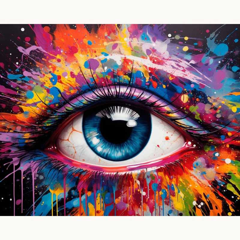 Paint by numbers canvas featuring a realistic blue eye surrounded by an explosion of vibrant paint splatters in rainbow colors, blending realism with abstract expression.