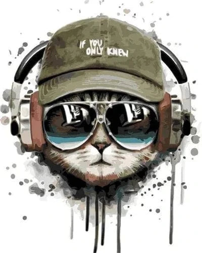 Purrfect Beats Paint By Numbers featuring a cool cat in sunglasses, cap, and headphones with urban paint splash style