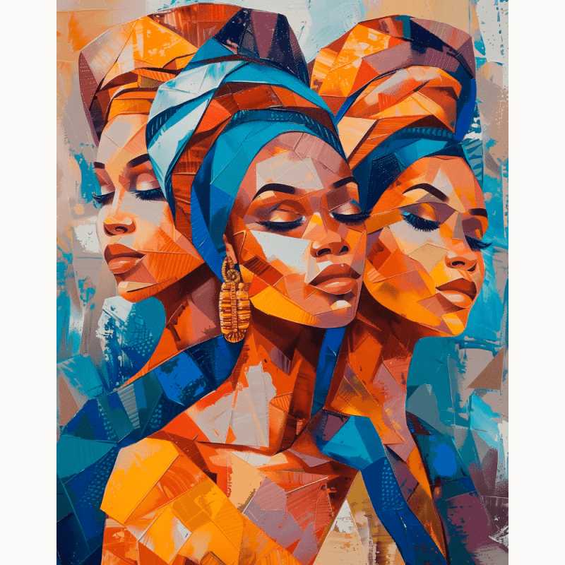Queen Trio Paint By Numbers painting featuring three confident, abstract-style women with bold colors and regal headwraps in a vibrant portrait.