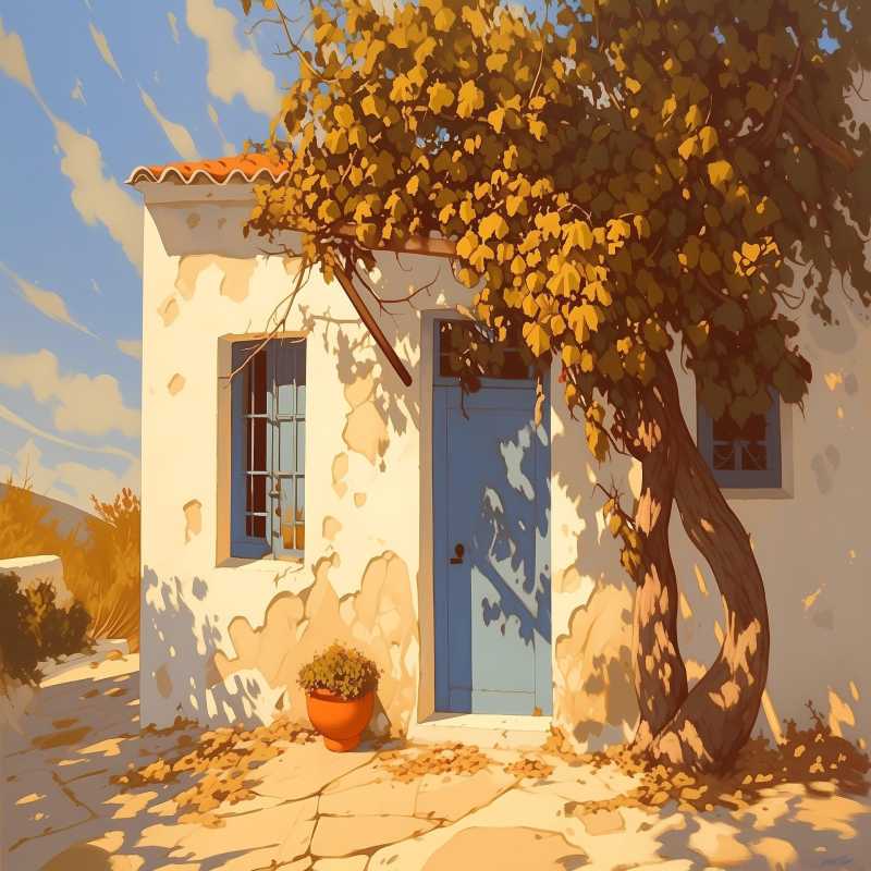 Paint By Numbers artwork of a white rustic house with a blue door and golden vines in afternoon light, capturing a quiet porch scene for Canadian artists.