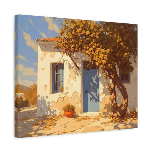 Paint By Numbers artwork of a white rustic house with a blue door and golden vines in afternoon light, capturing a quiet porch scene for Canadian artists shown in a frame