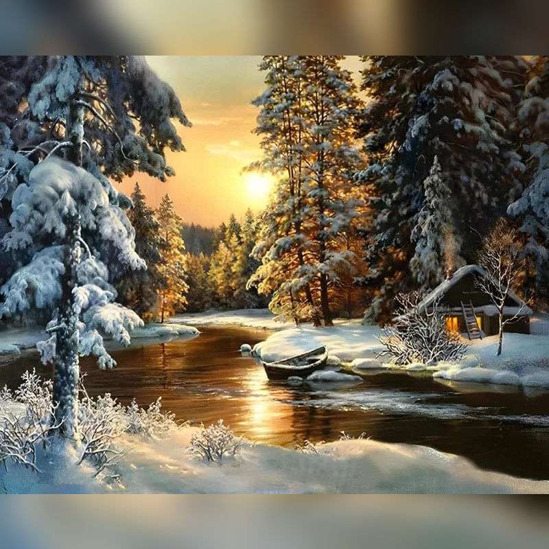 Peaceful snowy landscape with cabin, trees, and winter river at sunset. Radiance Over Winter's Embrace Paint By Numbers Canada