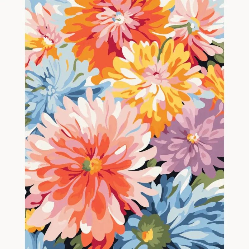 Colorful paint by numbers canvas featuring a lively arrangement of blooming flowers in shades of pink, orange, yellow, purple, and blue with bold, overlapping petals.