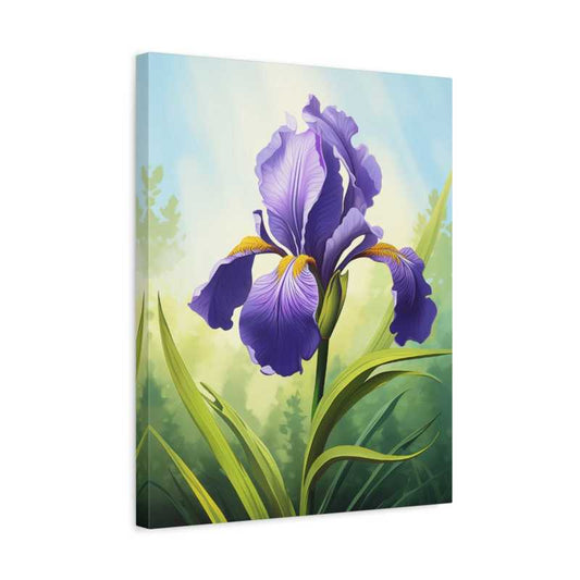 Radiant Iris Paint By Numbers artwork featuring a detailed purple iris flower with golden highlights, set against a softly lit garden background shown in a frame
