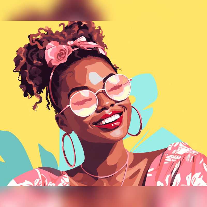 Radiant Joy Paint By Numbers showing a vibrant woman smiling in pink sunglasses and floral dress with a yellow background and bold colorful elements