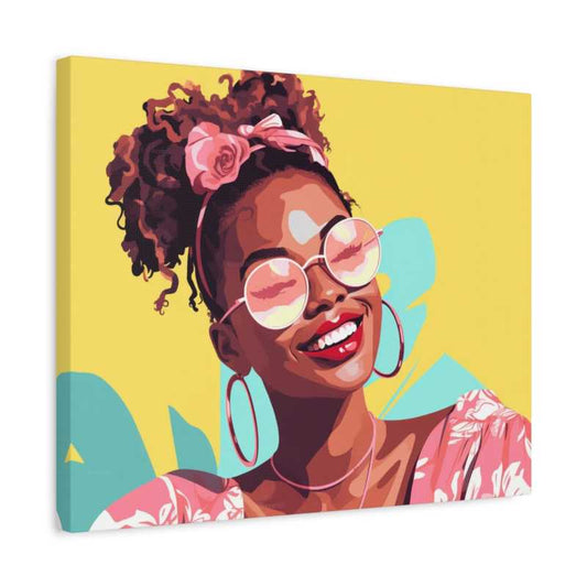 Radiant Joy Paint By Numbers showing a vibrant woman smiling in pink sunglasses and floral dress with a yellow background and bold colorful elements in a frame