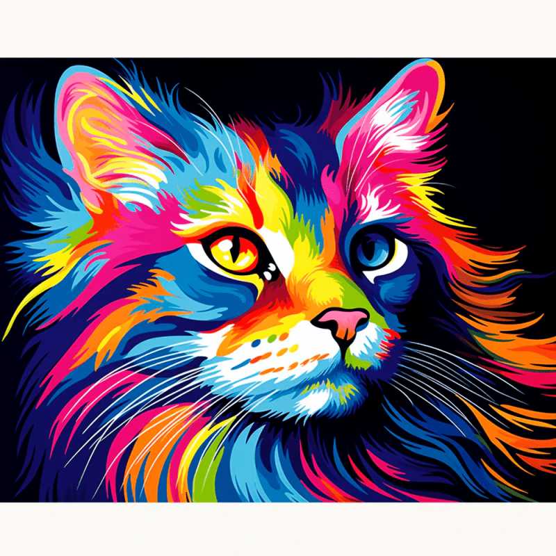 Radiant Whiskers Paint By Numbers painting featuring a colourful rainbow-style cat with vivid brush strokes and expressive eyes on a dark background.