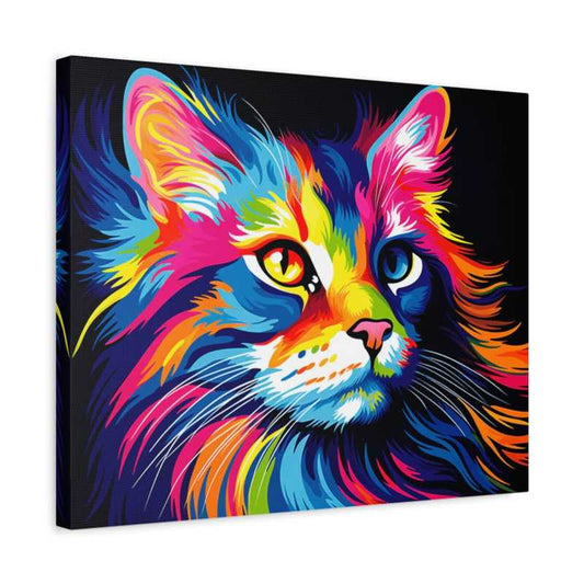 Radiant Whiskers Paint By Numbers painting featuring a colourful rainbow-style cat with vivid brush strokes and expressive eyes on a dark background shown in a frame.