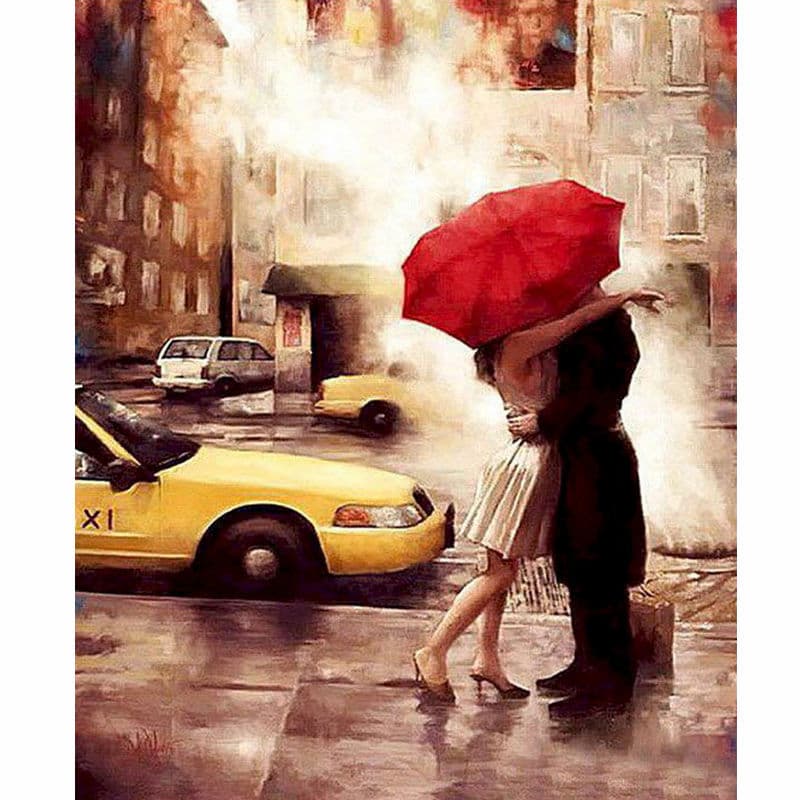 Painting of a couple sharing a red umbrella on a city street with a yellow taxi.