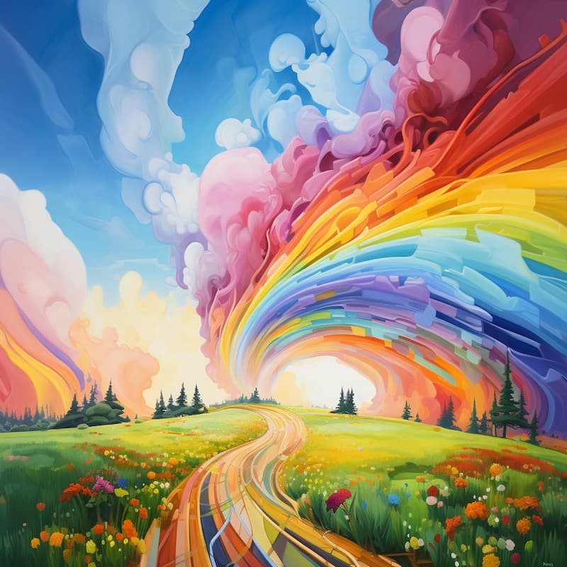 Paint by numbers artwork of a surreal rainbow arching across the sky above a colorful meadow with flowers and a golden pathway leading into the horizon