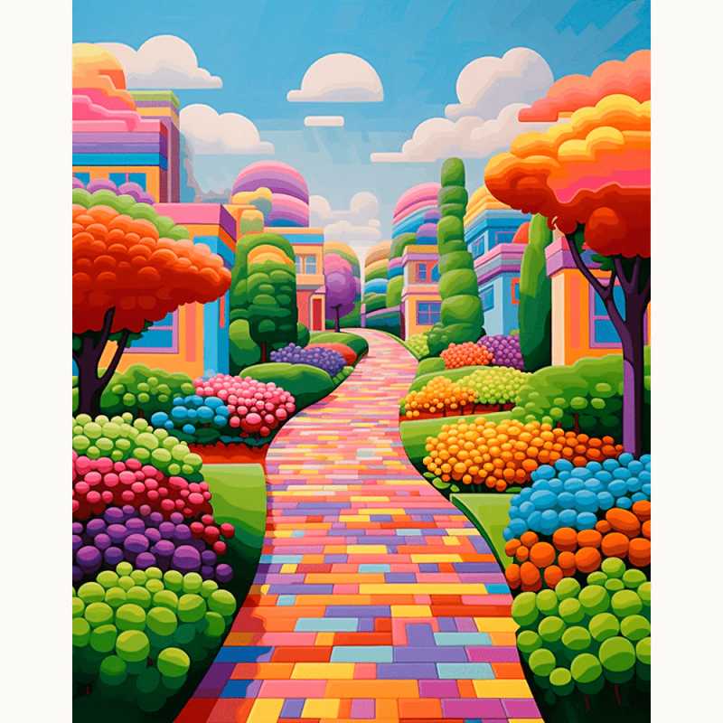 Rainbow Avenue Paint By Numbers scene featu.ring a vibrant brick path winding through whimsical gardens with colorful trees, bushes, and modern homes under a clear blue sky