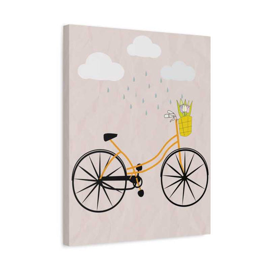 Charming Paint By Numbers artwork of a whimsical yellow bicycle with a flower basket under falling raindrops and clouds, perfect for Canadian springtime painting sessions in a frame.