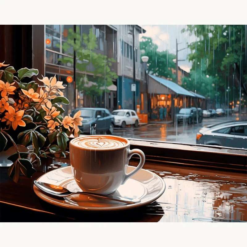Rainy Coffee Day Paint By Numbers Kit showing a coffee cup on a window table with raindrops and a calm street view in the background