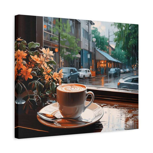 Rainy Coffee Day Paint By Numbers Kit showing a coffee cup on a window table with raindrops and a calm street view in the background shown in a frame