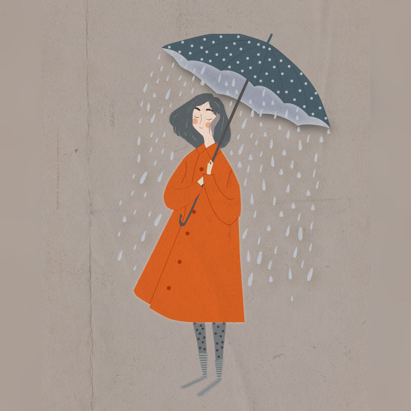 Minimalistic illustration of a woman in an orange coat holding an umbrella in the rain, featured in a Canadian Paint By Numbers art style.