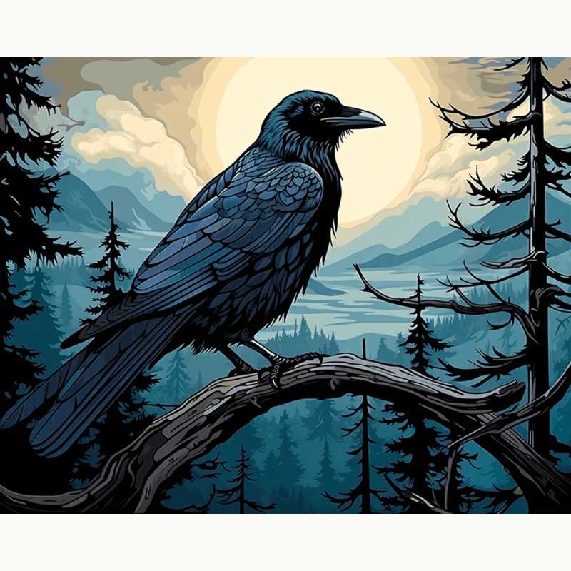 Raven's Watch Paint By Numbers artwork featuring a majestic black raven perched on a twisted branch, overlooking a misty forest and glowing sunset landscape