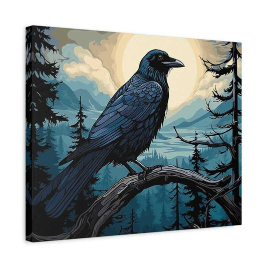 Raven's Watch Paint By Numbers artwork featuring a majestic black raven perched on a twisted branch, overlooking a misty forest and glowing sunset landscape shown in a frame