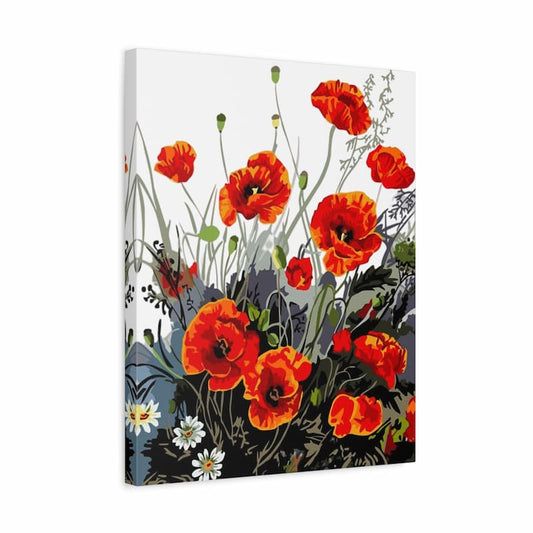A square canvas wall art print featuring a stylized floral design with prominent red poppies, green stems, and small white daisies over a dark and light gray background.