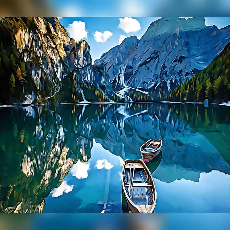 Paint By Numbers artwork of two wooden boats on a calm mountain lake with vivid blue reflections, surrounded by pine trees and rocky peaks, for Canadian art lovers.