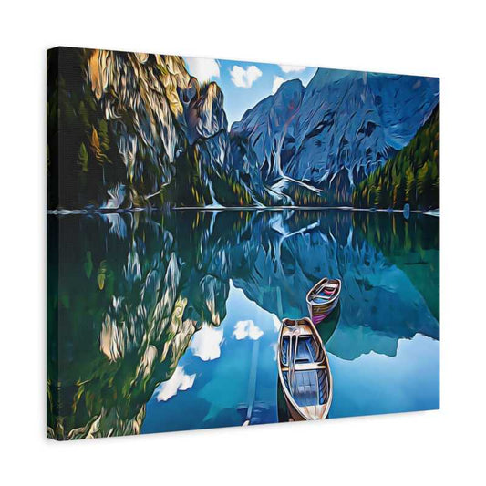 Paint By Numbers artwork of two wooden boats on a calm mountain lake with vivid blue reflections, surrounded by pine trees and rocky peaks, for Canadian art lovers shown in a frame.