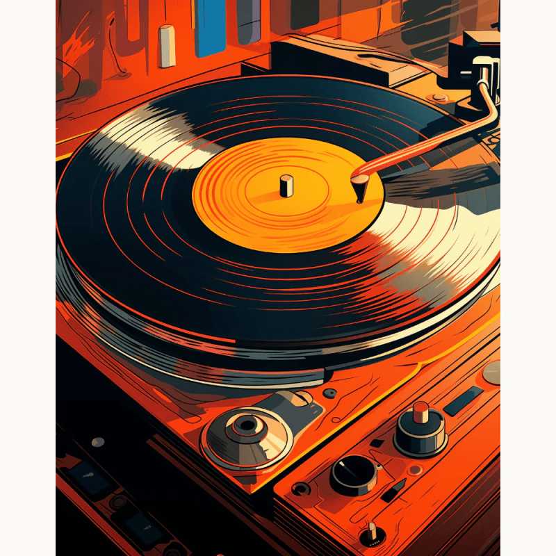 Retro Spin Paint By Numbers artwork featuring a classic vinyl record player with orange, yellow, and black tones capturing vintage music nostalgia.