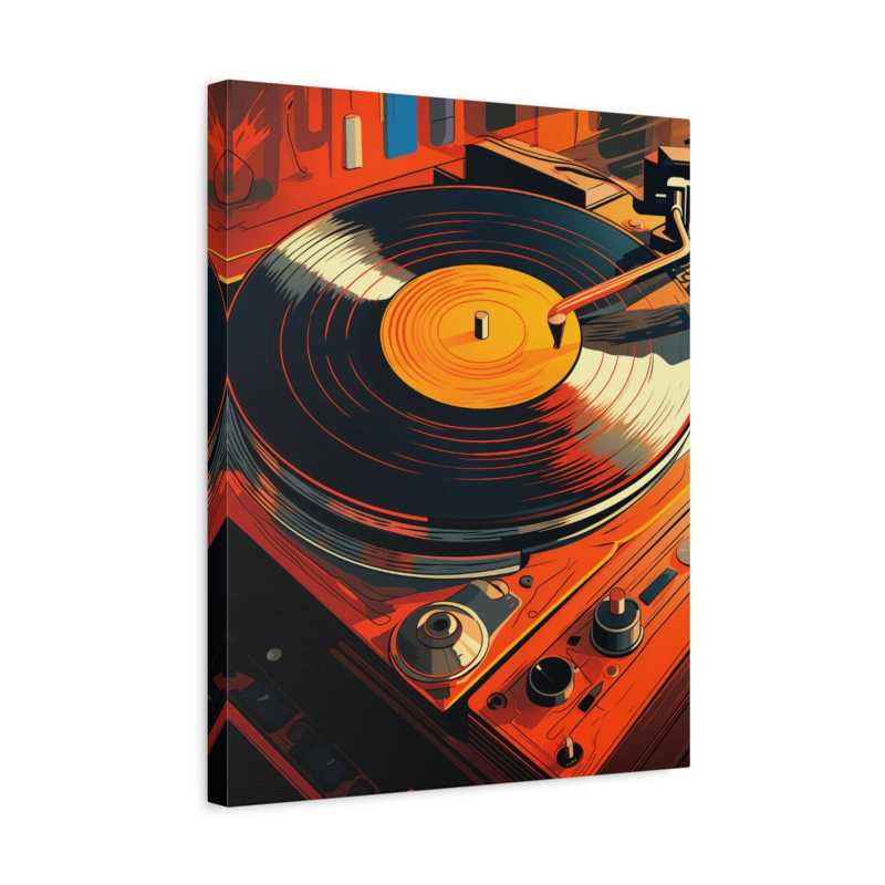 Retro Spin Paint By Numbers artwork featuring a classic vinyl record player with orange, yellow, and black tones capturing vintage music nostalgia shown in a frame