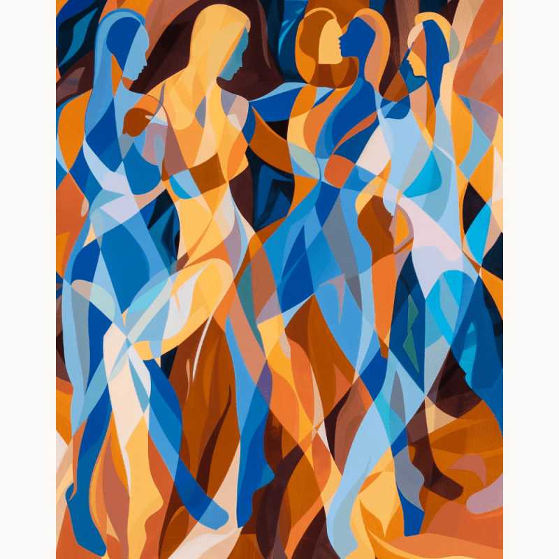 Rhythmic Grace Paint By Numbers featuring abstract, overlapping human silhouettes in shades of blue, orange, and gold, capturing a sense of dance and movement.