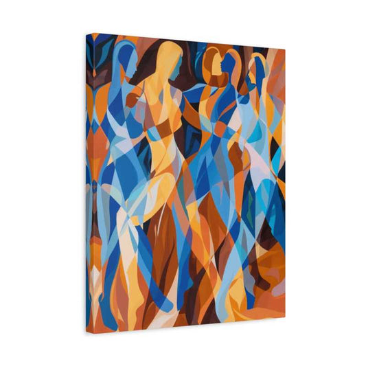 Rhythmic Grace Paint By Numbers featuring abstract, overlapping human silhouettes in shades of blue, orange, and gold, capturing a sense of dance and movement shown in a frame