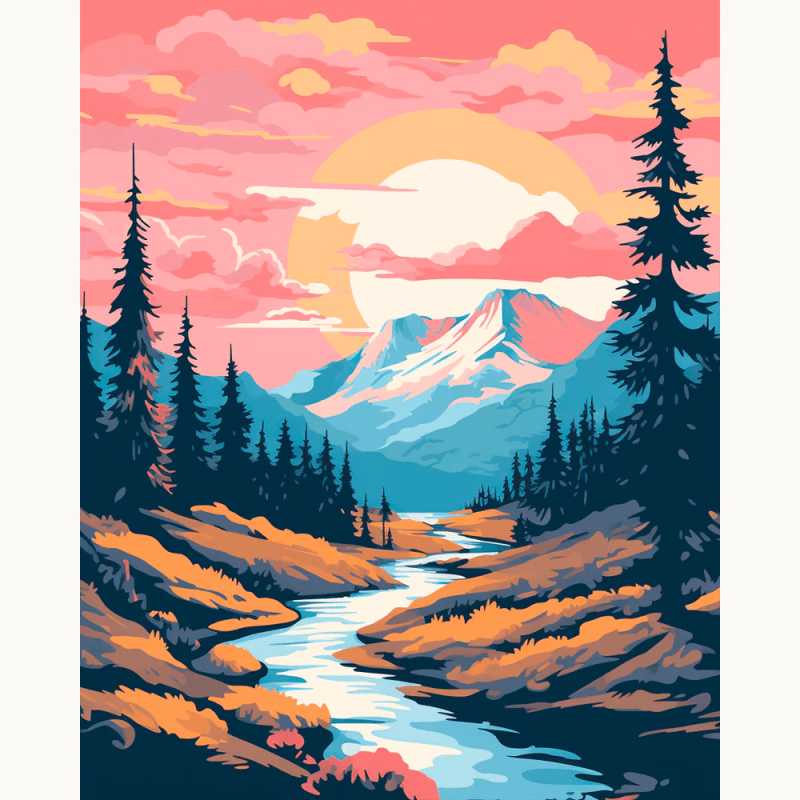 Rosy Sunset River Paint By Numbers artwork showcasing a pink sky sunset over a flowing river, surrounded by pine trees and glowing mountain peaks