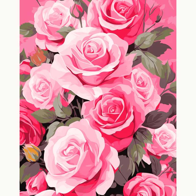 Rosy Whispers Paint By Numbers showing a detailed bouquet of blooming pink and red roses with soft highlights and green leaves in a romantic composition