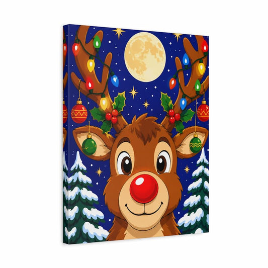 A square canvas wall art print featuring a festive Christmas illustration with a cartoon reindeer, glowing multicolored ornaments, evergreen trees, stars, and a large moon on a dark blue night sky.