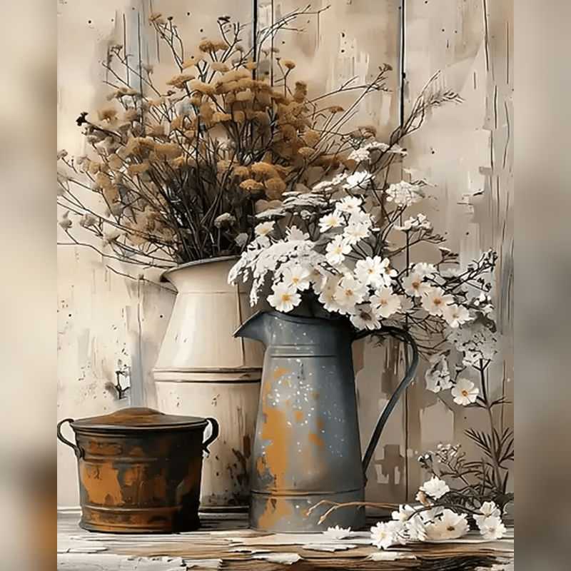 Rustic Bloom Still Life Paint By Numbers featuring white daisies and yellow wildflowers arranged in antique pitchers and a rusted pot on distressed wood
