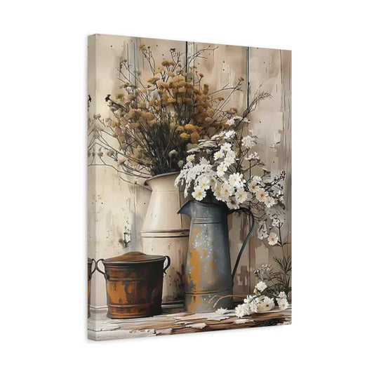 Rustic Bloom Still Life Paint By Numbers featuring white daisies and yellow wildflowers arranged in antique pitchers and a rusted pot on distressed wood in a frame