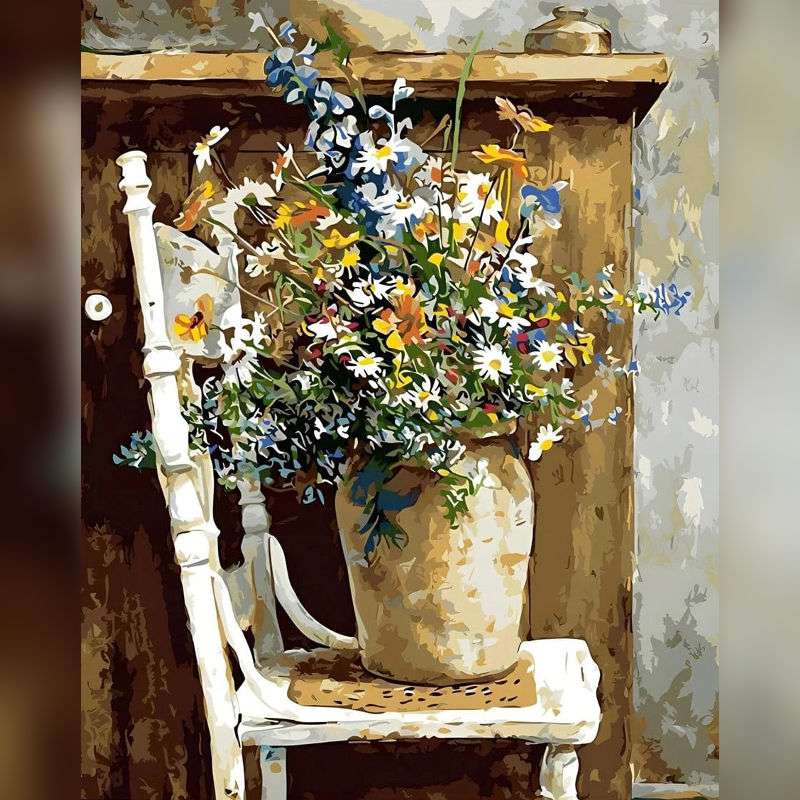 Wildflowers in a rustic vase placed on a white wooden chair – Rustic Blooms Paint By Numbers Kit Canada