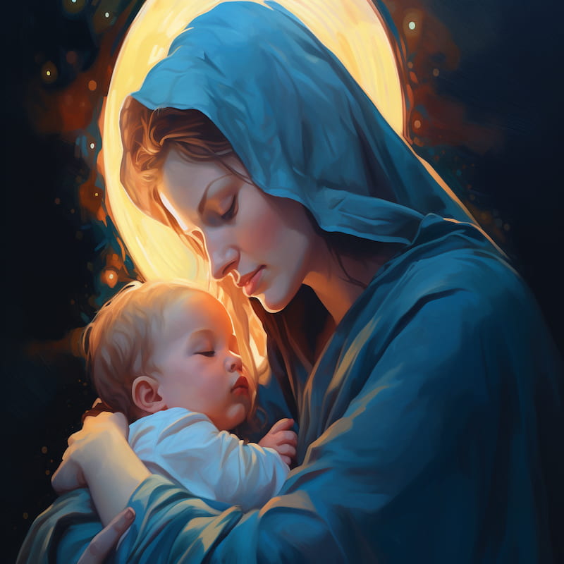 Paint by numbers kit of a woman in a blue cloak tenderly holding a sleeping child under a glowing halo.