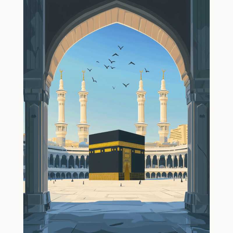 Sacred Kaaba Paint By Numbers artwork showing a serene view of the Kaaba under blue skies, framed by arched pillars and surrounded by minarets