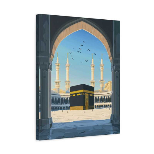 Sacred Kaaba Paint By Numbers artwork showing a serene view of the Kaaba under blue skies, framed by arched pillars and surrounded by minarets shown in a frame