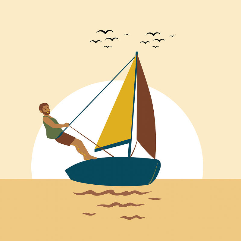 Playful Paint By Numbers illustration of a man sailing a boat at sunset with warm golden water, cheerful vibes, and birds flying in the sky