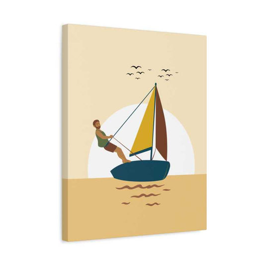 Playful Paint By Numbers illustration of a man sailing a boat at sunset with warm golden water, cheerful vibes, and birds flying in the sky shown in a frame