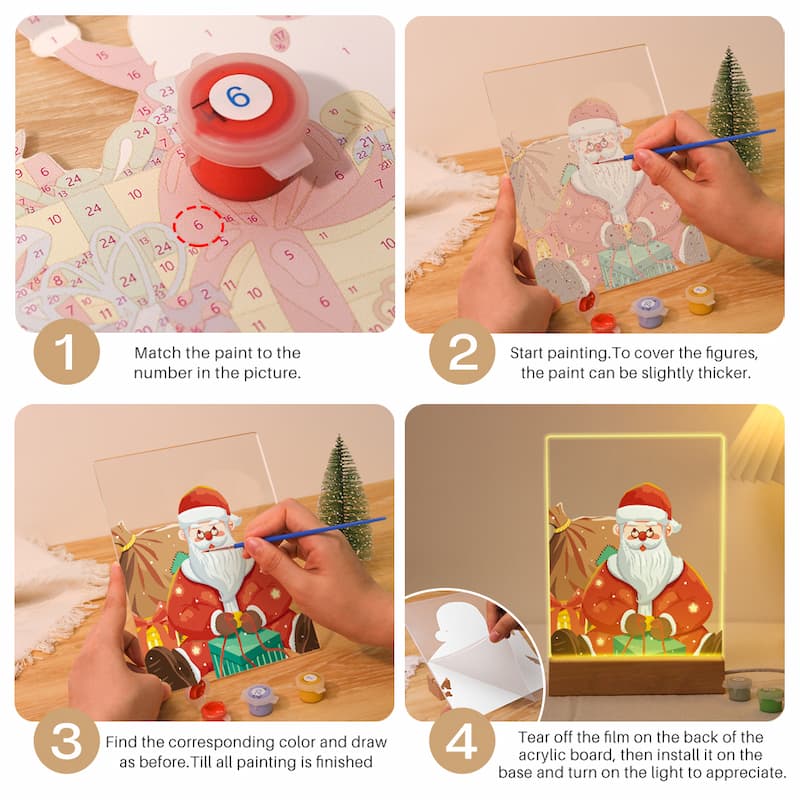 Step-by-step tutorial on painting a Christmas scene with Santa Claus using a light-up board.