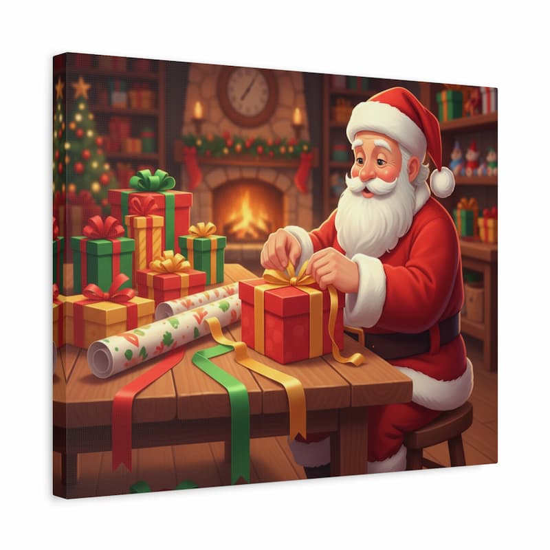 Illustration of Santa Claus wrapping a gift in a festive room with Christmas decorations.